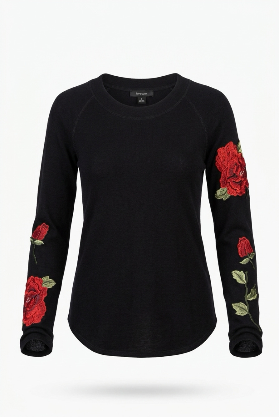 Karen Kane Black Long Sleeve Rose Embroidered Sweatshirt Pullover Top